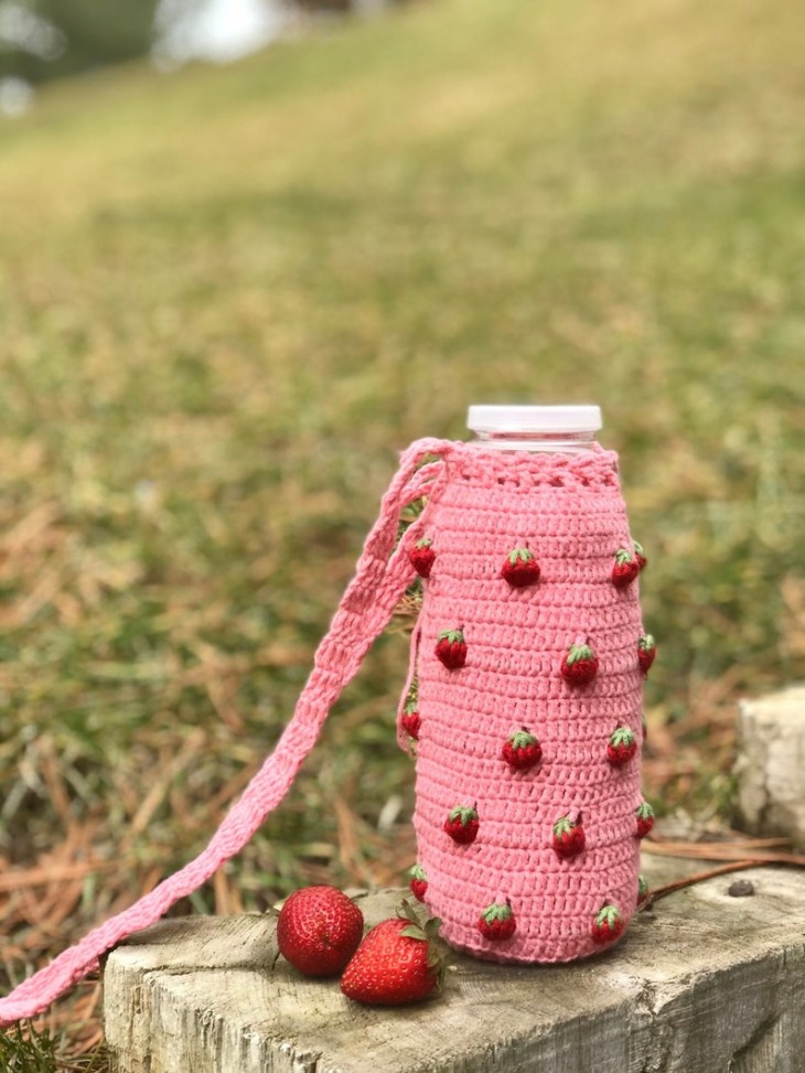 Strawberry Crochet Water Bottle Holder