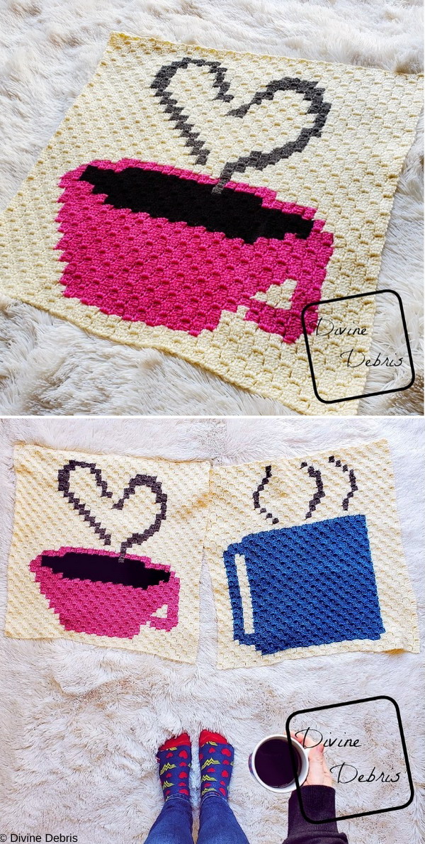C2C Heart and Coffee Cup Afghan Square Free Crochet Pattern