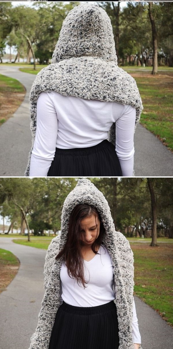 Faux Fur Hooded Scarf with Pockets Free Crochet Pattern