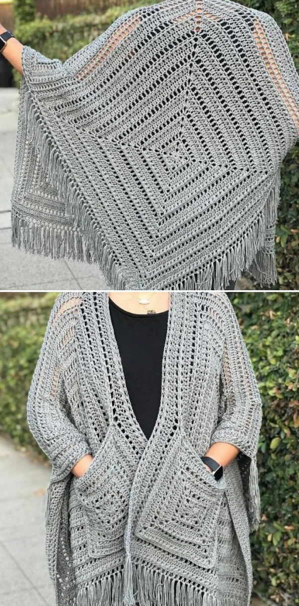 Lazy Diamond Boho Pocket Shawl Free Crochet Pattern