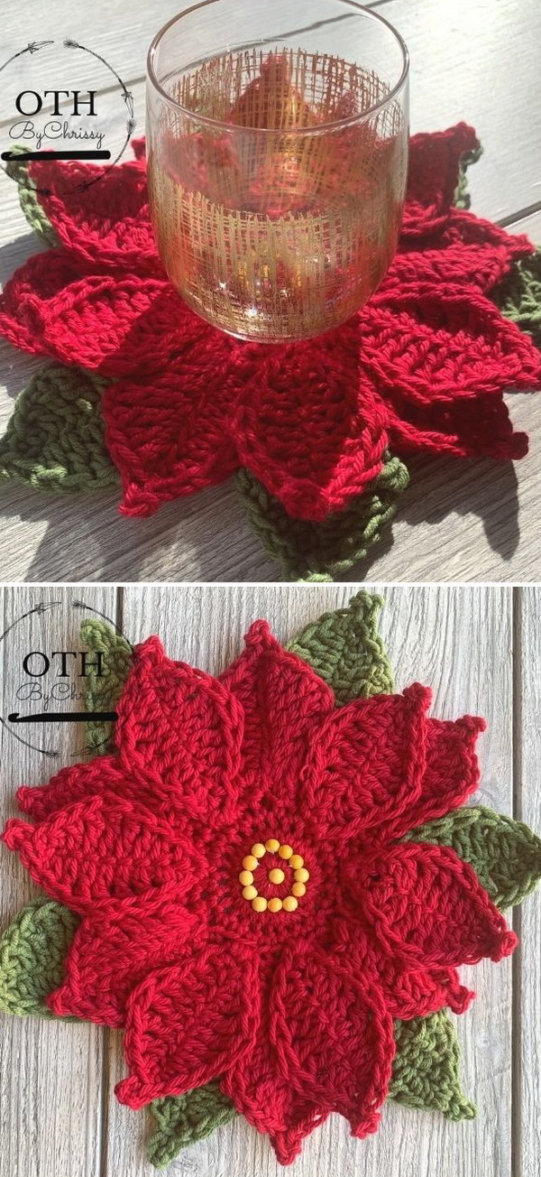 Christmas Poinsettia Coaster Free Crochet Pattern