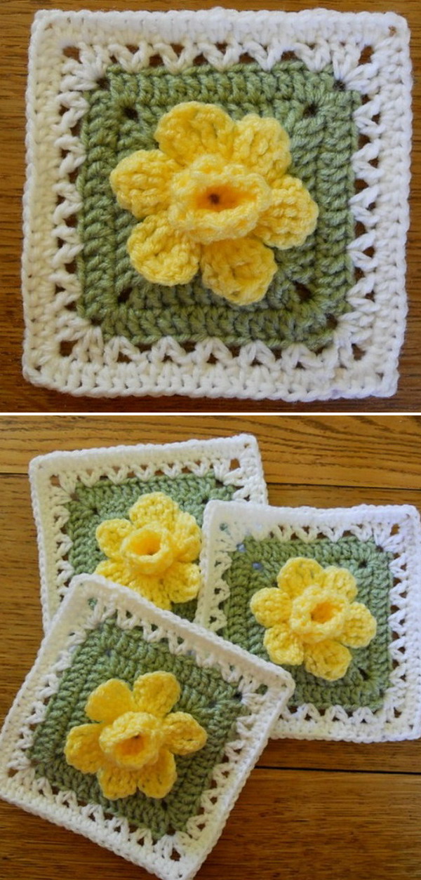 Free 3D Daffodils Granny Square Crochet Pattern
