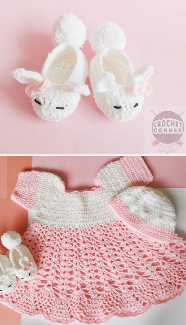 Crochet Dress and Kitty Baby Booties Set