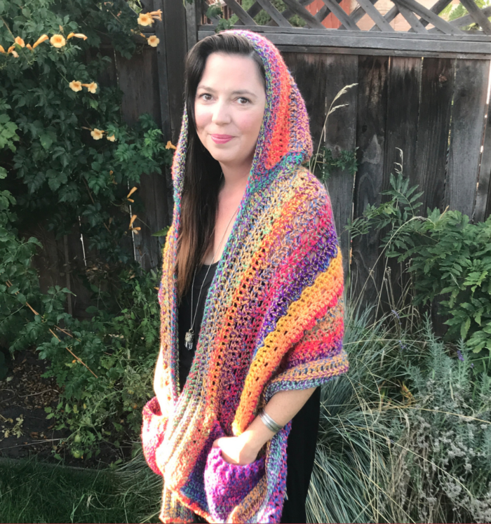 Crochet hooded pocket shawl