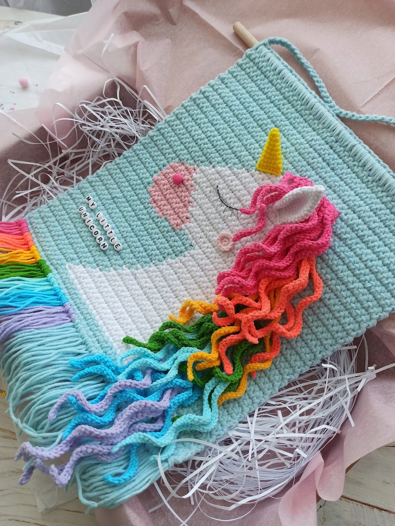 Crochet unicorn wall hanging