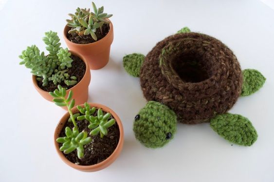 Crochet turtle plant holder