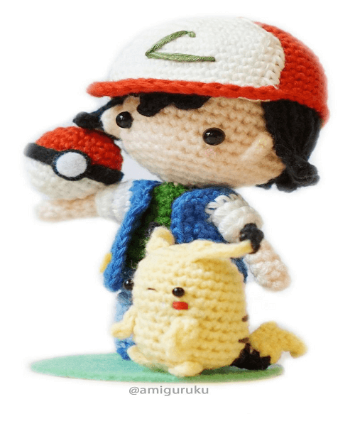 Ash Ketchum Crochet Pattern With Mini Pikachu and Pokeball By Amiguruku