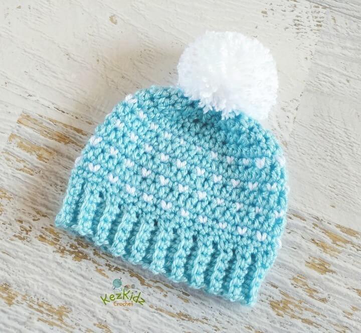 Aqua and White Crocheted Baby Beanie With Pompom