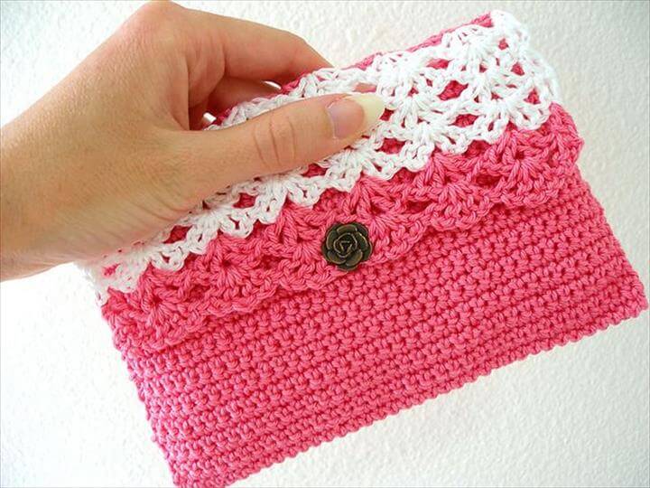 Pink Crochet Purse With White Top Lace