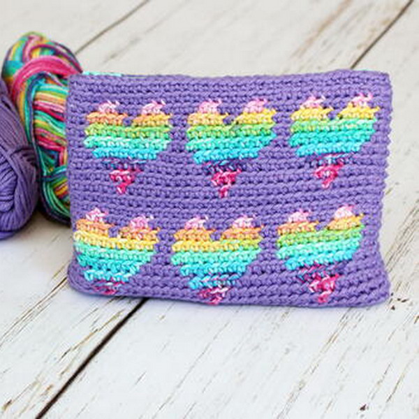 Rainbow Hearts Pouch Free Crochet Pattern