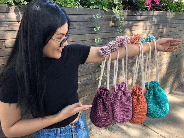 Crochet Pom Pom Drawstring Bag