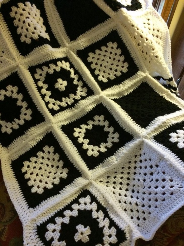 Black and White Granny Square Blanket Throw