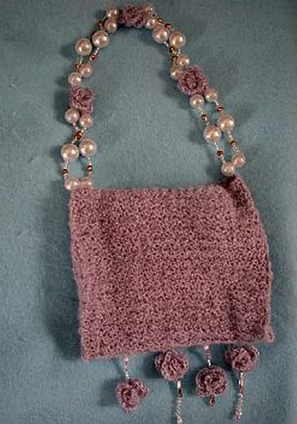 Lilac Purse with Pearl Beads and Crochet Roses