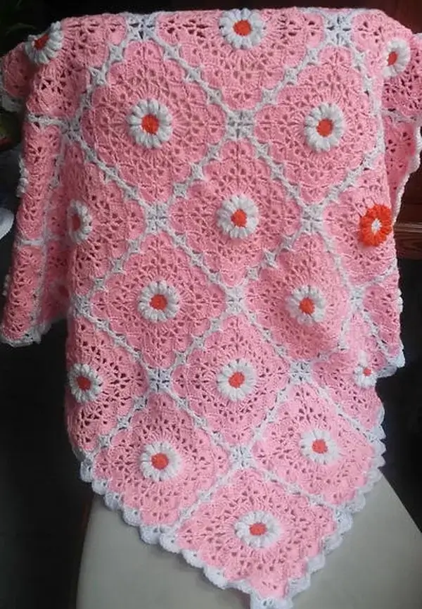 Pink Daisy Crocheted Baby Blanket