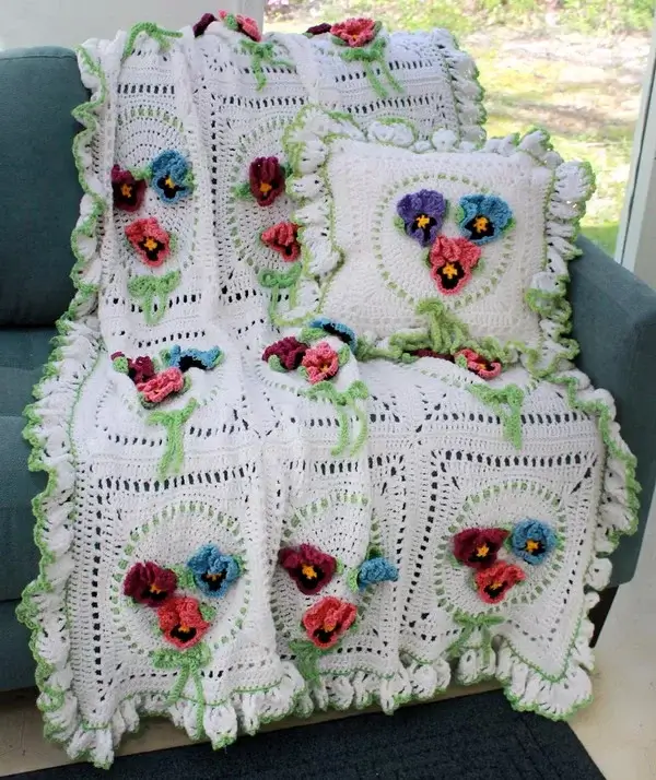 Afghan And Pillow Set Pansy Crochet Pattern