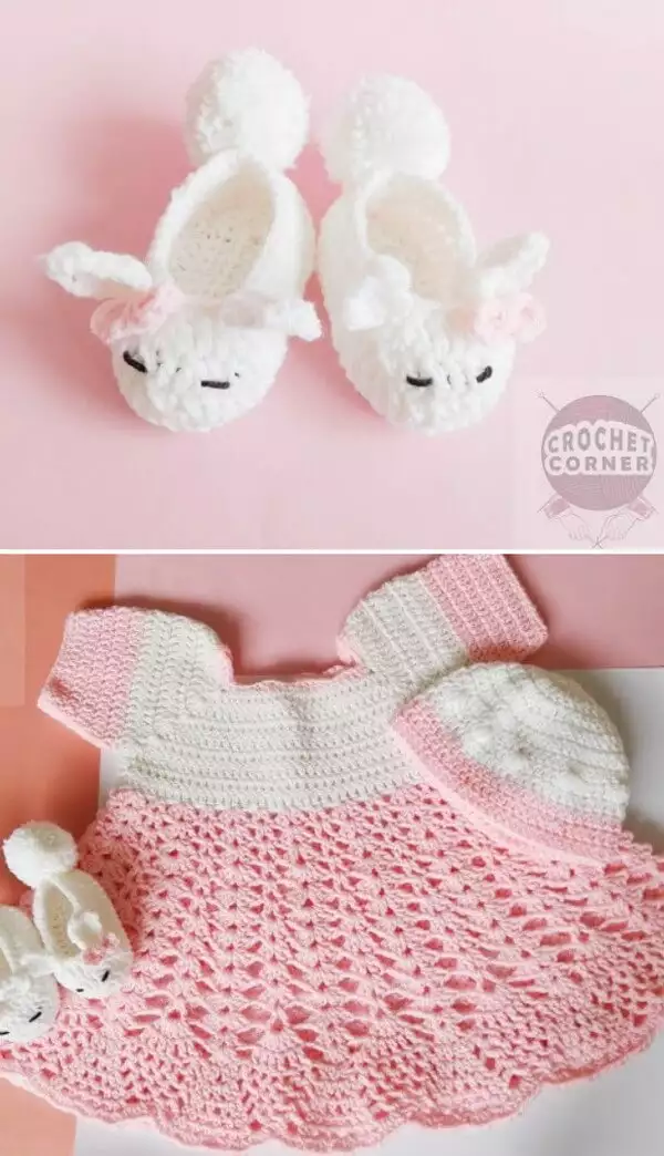 Crochet Dress and Kitty Baby Booties Set