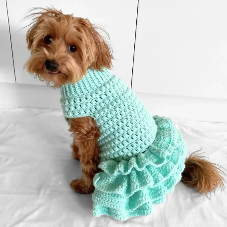 Lottie and Lulu’s puff stitch tutu crochet dog jumper