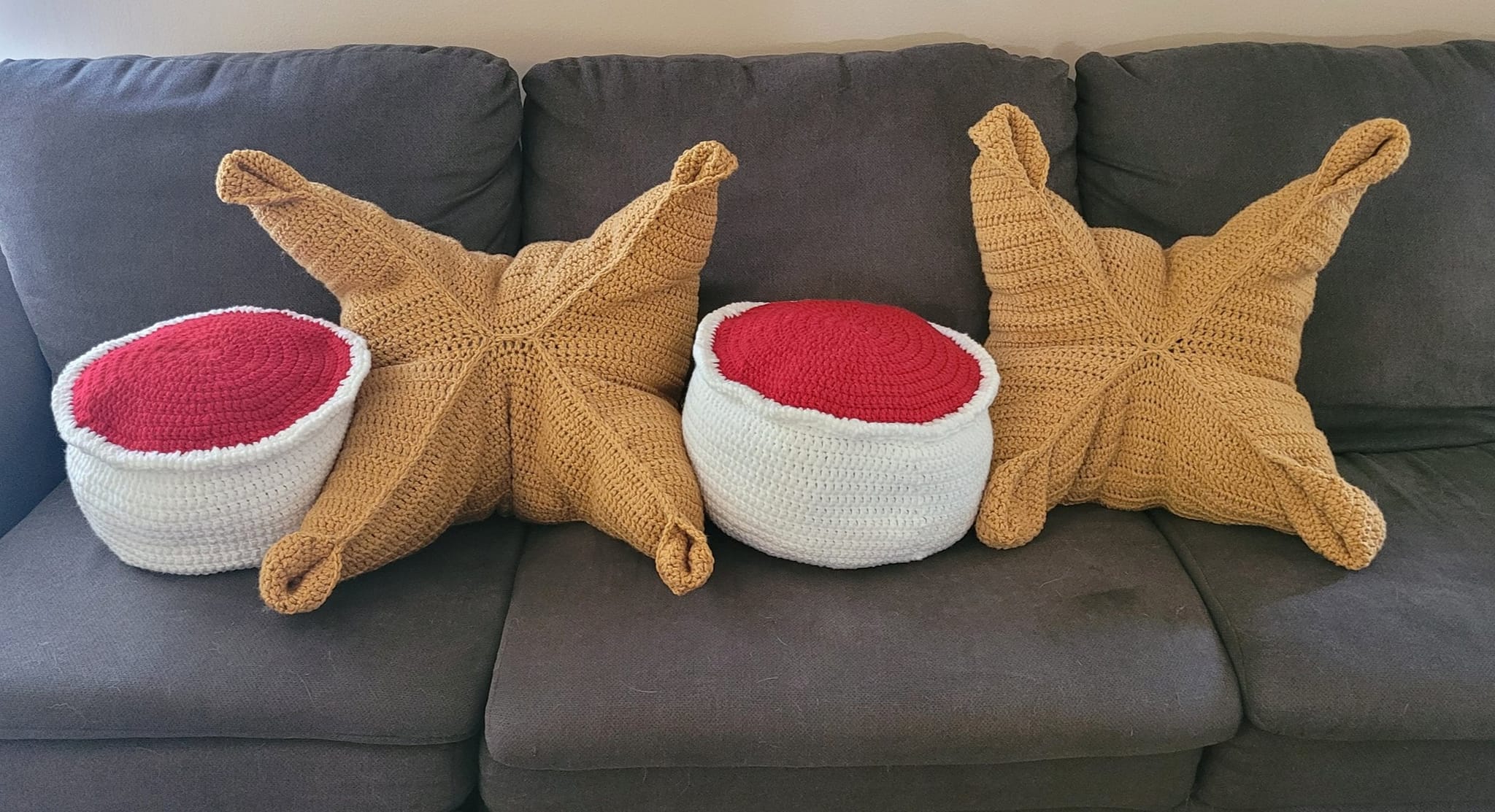 Crochet Crab Rangoon Couch Pillow Set AKA Couch Rangoon with duck sauce