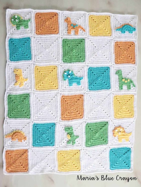 Crochet Dinosaur Granny Square Blanket