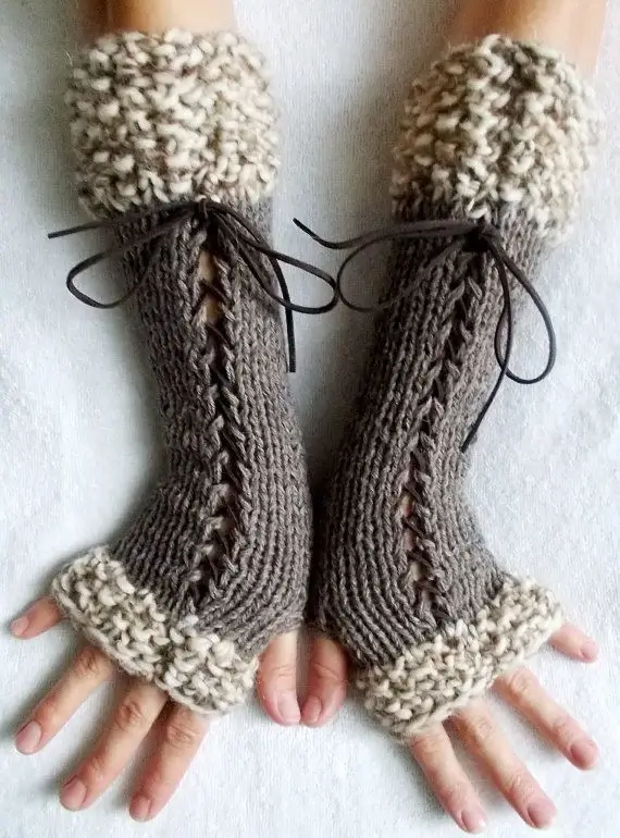 Knit Fingerless Gloves Long Wrist Warmers Taupe