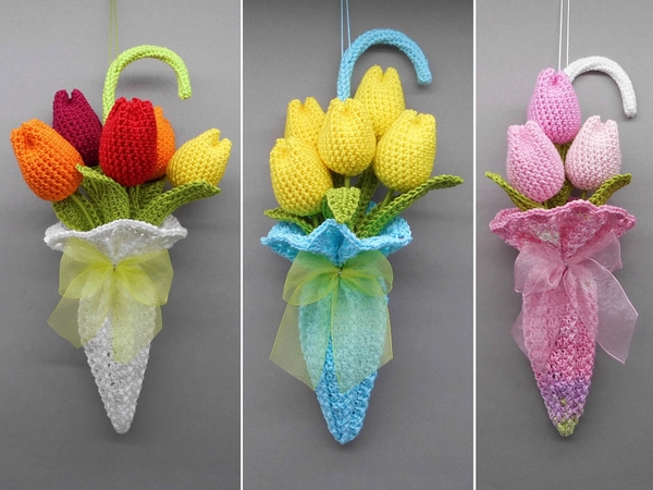 Crochet decoration tulips in umbrella