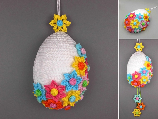 Easter egg door decoration with flowers - easy to make from yarn leftovers