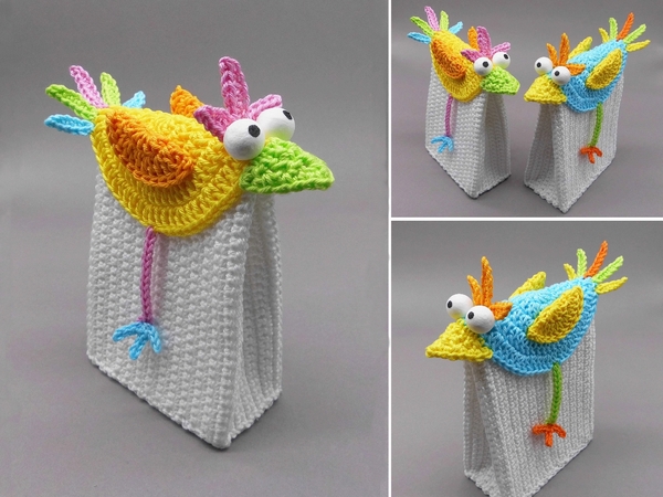 Gift bag Colorful bird - simply from scraps of yarn