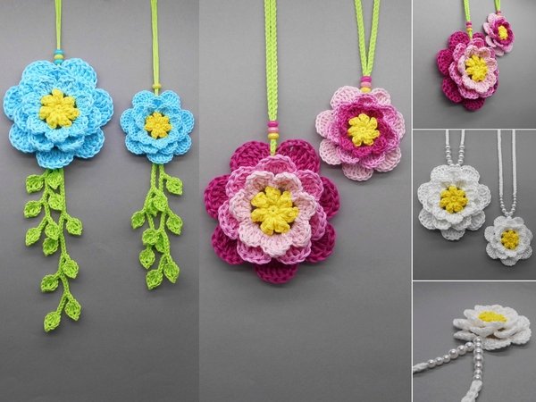 Hanging ornament decor large 3D flower - from scraps of yarn