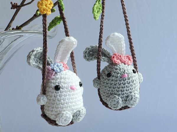 Bunny on Swing - Easter Decoration, Car Rear View Mirror Pendant
