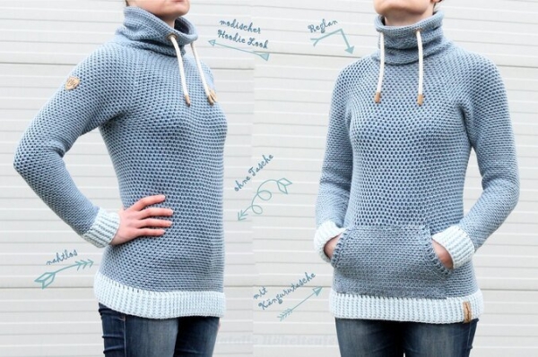 Hoody Jeans, Size S-XXL, Raglan, seamless, PDF Link to video
