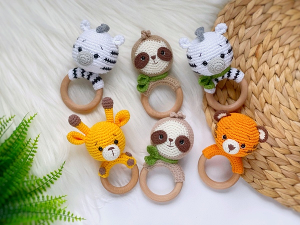 SET of 4 crochet patterns rattles sloth, zebra, giraffe, tiger