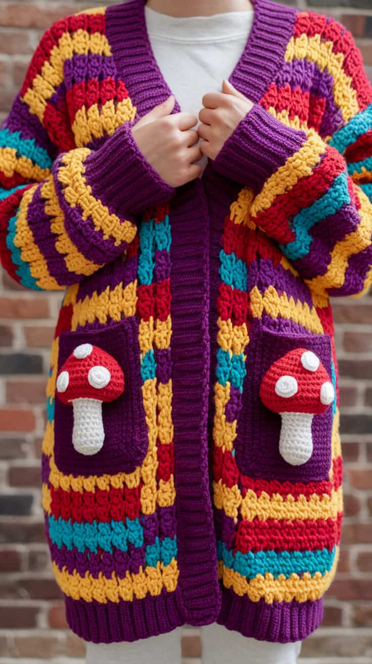 Boho Retro Mushroom Hexa Crochet Cardigan Pattern
