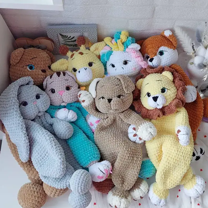 Baby animals security blanket 8 in 1 set simple crochet pattern