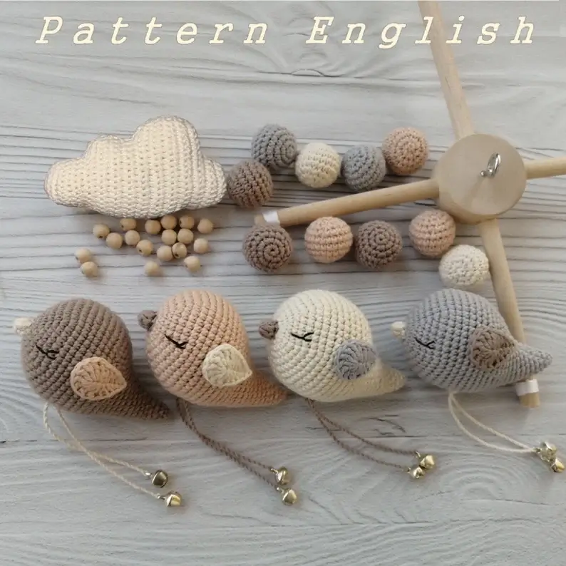 Pattern only, Pastel bird baby mobile, Scandinavian nursery decor