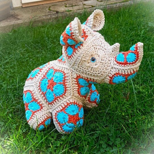 Robert the Baby-Rhino with African Flowers crochet pattern