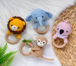 SET of 4 crochet patterns rattles flamingo lion elephant