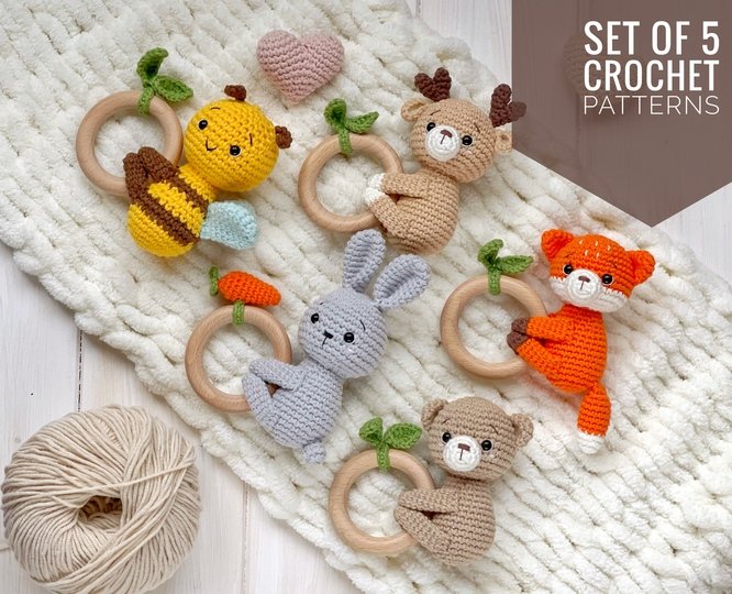 SET of 5 crochet patterns rattles fox, bear, deer, bunny, bee