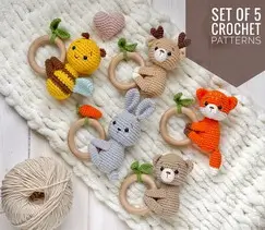 SET of 5 crochet patterns rattles fox bear deer bunny bee
