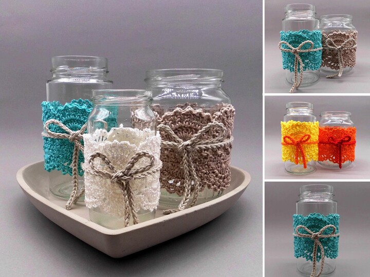 Crochet country style decoration from scraps of yarn for used glasses