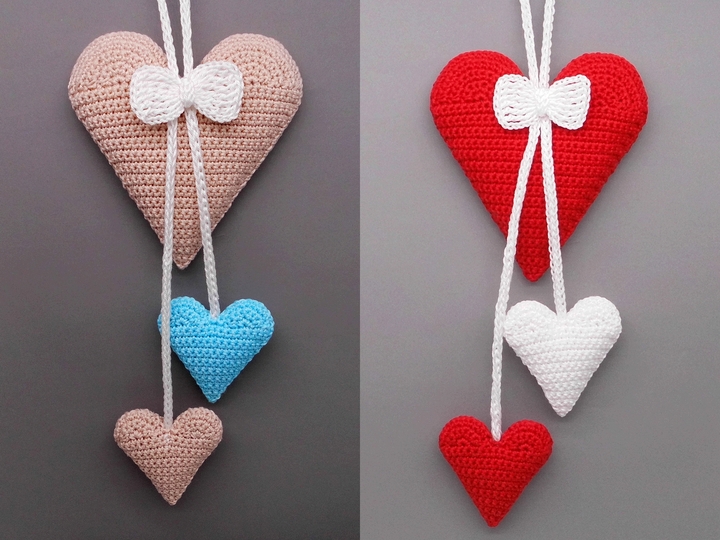 Crochet pattern 3 hearts hanging decoration easy and versatile