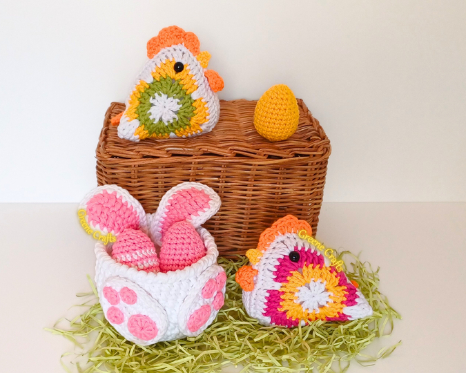 Crochet Pattern Bundle Granny Square Chicken, Easter Bunny Basket & Eggs