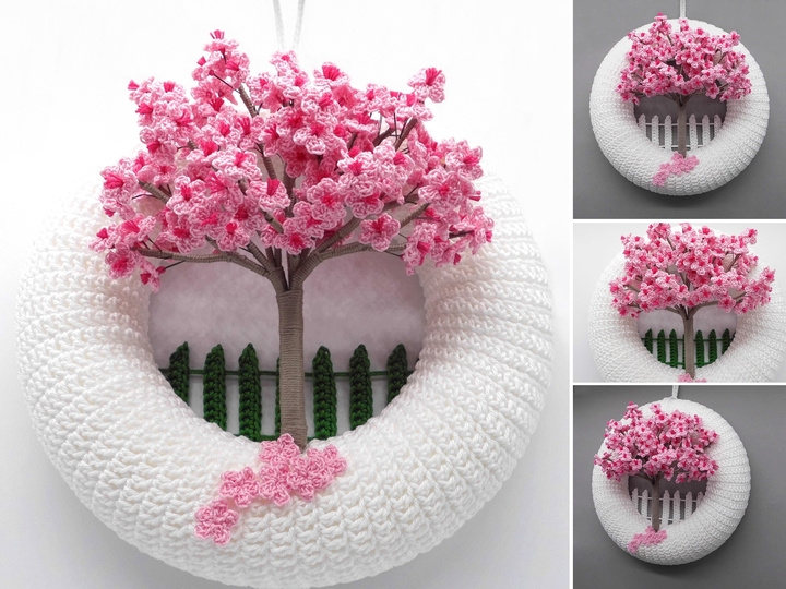 Crochet pattern cherry blossom door wreath