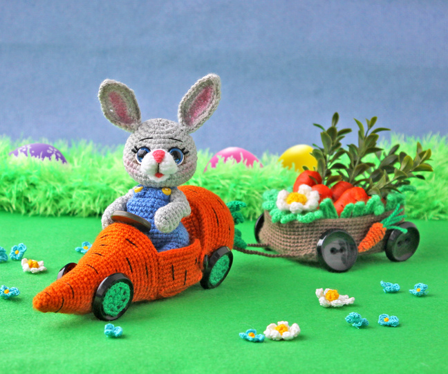 Easter bunny with a personal carrot car