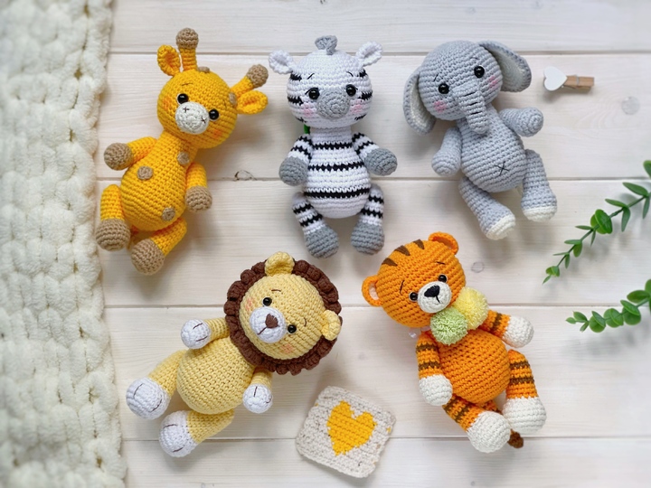SET of 5 Amigurumi crochet patterns tiger, lion, zebra, elephant, giraffe