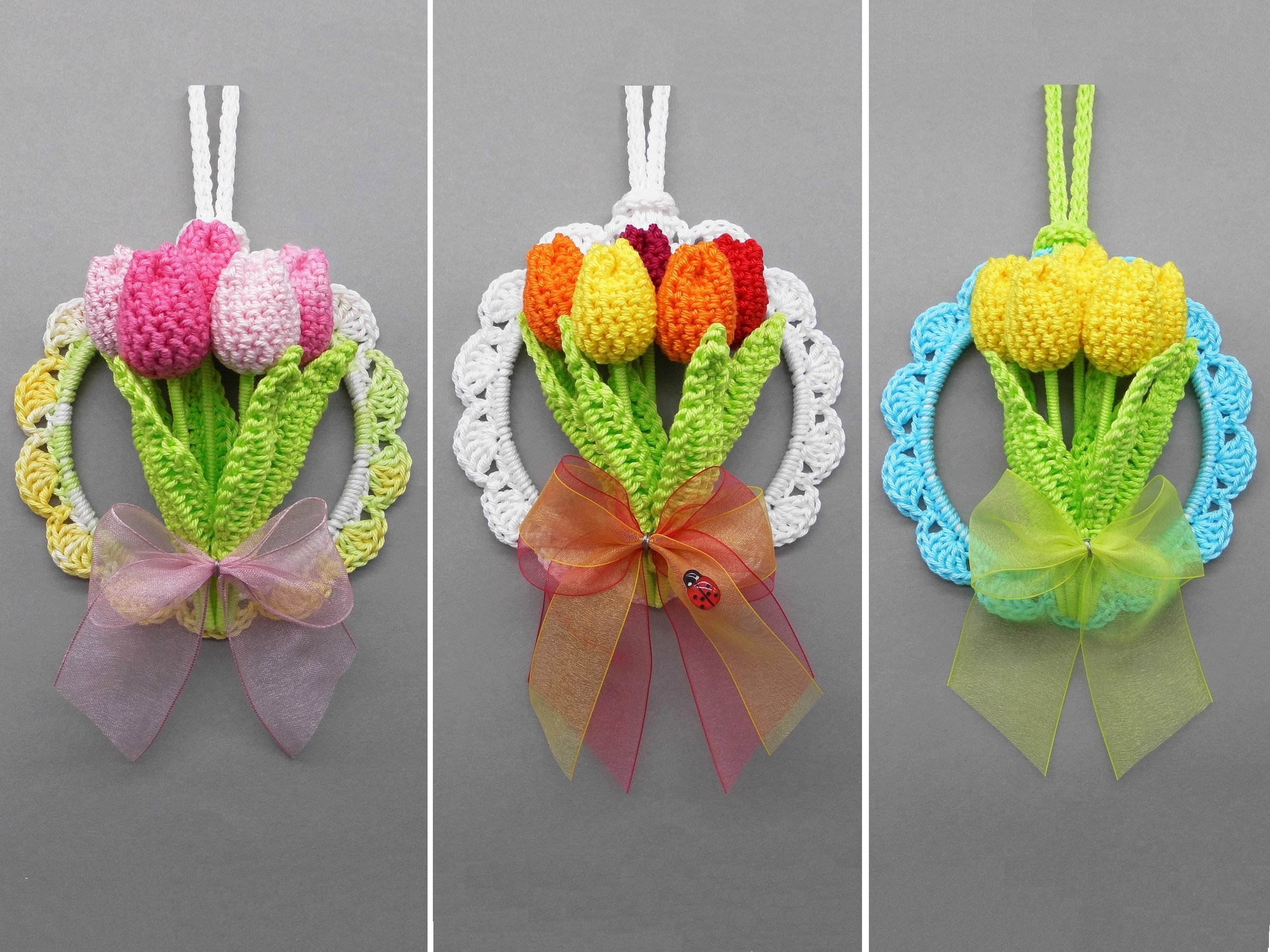 Small tulips hanging decoration for door & window from leftover yarn