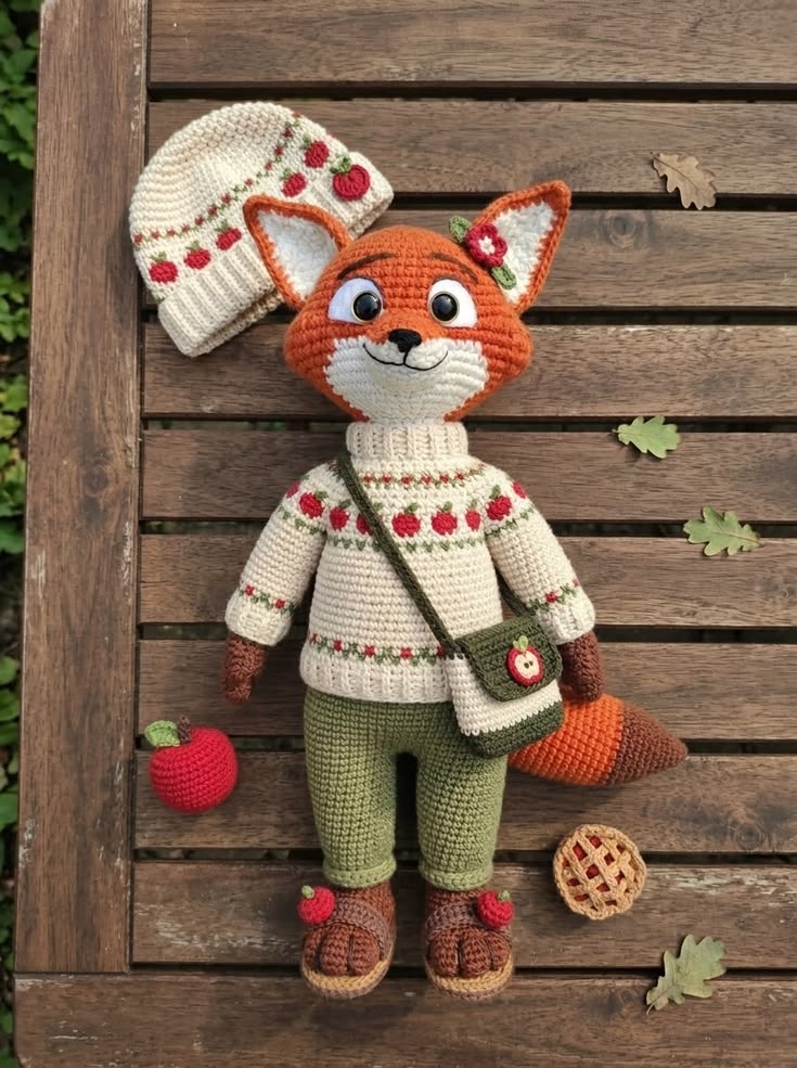 Autumn Fox in Apple Sweater with Green Pants and Orchard Accessories Free Crochet Pattern