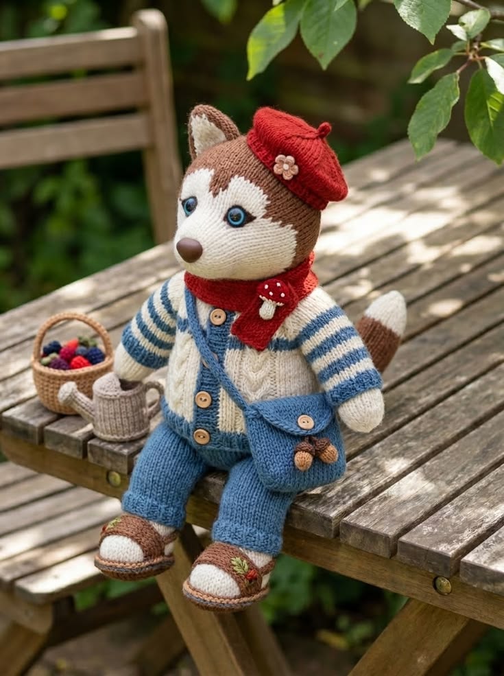 Baby Husky in Cable Knit Outfit and Red Beret Free Knitting Pattern