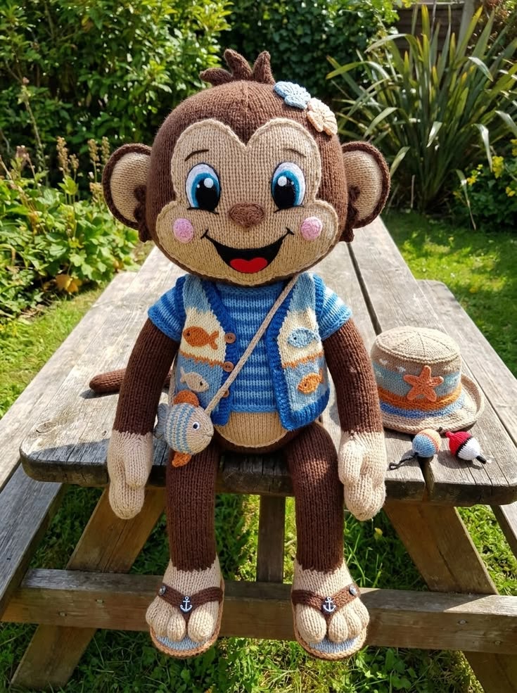 Beach Monkey in Ocean Vest and Anchor Sandals Free Knitting Pattern