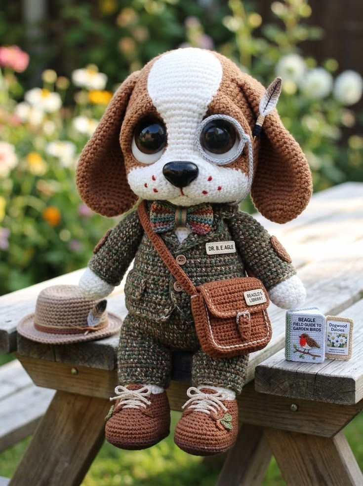 Beagle Botanist in Tweed Field Suit with Bird Guide and Explorer Satchel Free Crochet Pattern