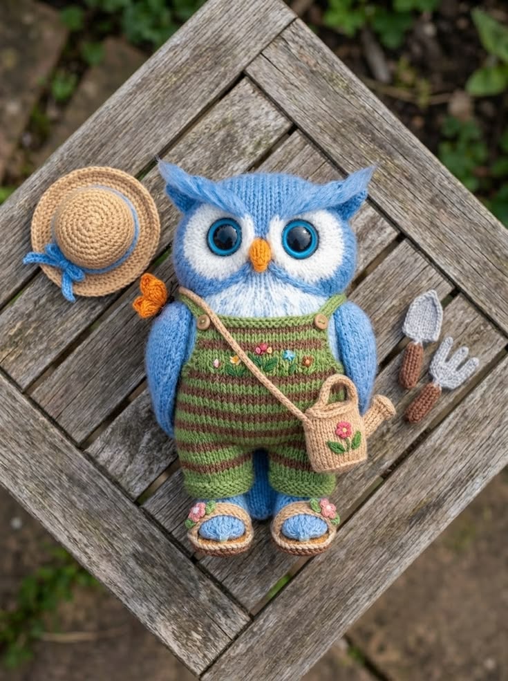 Blue Owl in Garden Overalls Free Knitting Pattern
